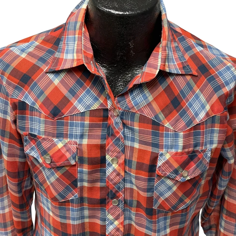 Camisa de Rodeo De Colección Años 70 80 Para Mujer Roja Azul A Cuadros hippie Vaquero PERLA BROCHE DE PRESIÓN Foto 2 de 4