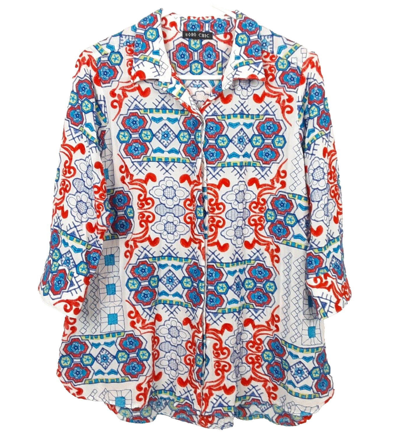 BOHO CHIC Embroidered Button Down Tunic Shirt Sz L - image 1