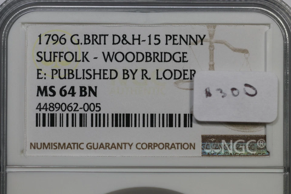 1796 D&H-15 NGC MS 64 BN SUFFOLK - WOODBRIDGE Conder Token - Image 4 of 4