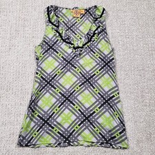 Tory Burch Top size 10 Green Gray Plaid Silk Ruffle Sleeveless Preppy Boho Lux