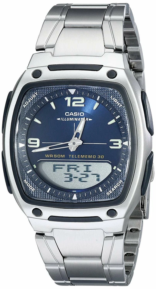 Reloj Casio Hombre Cuarzo Telememo 30 Azul Esfera Fecha Tono Plateado 39mm AW81D-2AV