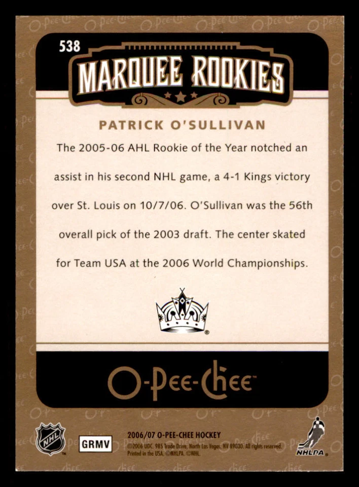 2006-07 O-Pee-Chee #538 Patrick O'Sullivan RC - Image 2 of 2