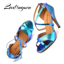 Women Ballroom Latin Dance Shoes PU and Glitter Blue Gold Dance Heels Sandals
