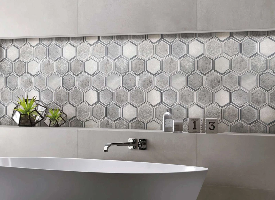 Salpicadero de cocina de azulejo hexagonal de mosaico de 2,5" de metal metálico antiguo de aluminio gris Foto 2 de 4