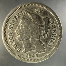 1865 Three Cent Nickel 3C Heavily Circulated