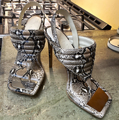 DKNY Women's Black/White Snakeskin Open Toe Slingback Stiletto Heels