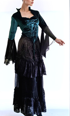 SamtBluse grün Gothic Larp dark Witch Medieval Mieder  Stehkragen 38/40 kl.42