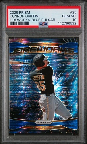 2025 Panini Prizm - Fireworks, Konnor Griffin #25 Blue Pulsar Prizm /75 PSA 10
