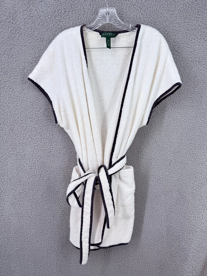 Lauren Ralph Lauren Mujer XL Algodón Corbata Cintura Terry Bata Blanco con Monograma Foto 2 de 4