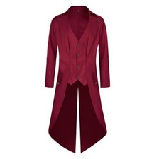 Men Steampunk Victorian Tailcoat Long Jacket Cosplay Costume Halloween Red XL