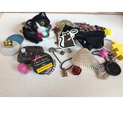 Vintage Junk Drawer Lot Eclectic Trinkets Charms Cat Pins Jewelry Mix