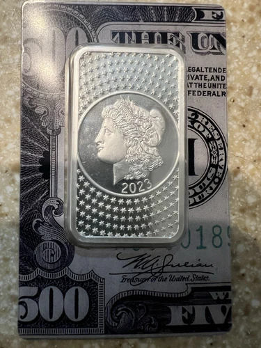 2023 PAMP Suisse Morgan 2023 $500 Bill 50g Silver Bar Assay 999.0 Fine Silver