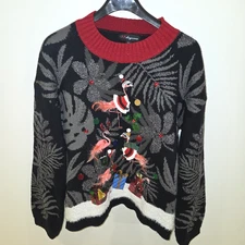 33 Degrees Flamingo Ugly Christmas Holiday Sweater Embellished Pink Feathers XL