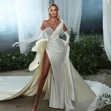 Sexy Mermaid Wedding Dress Long Sleeves Detachable Train Side Split Satin Pearls
