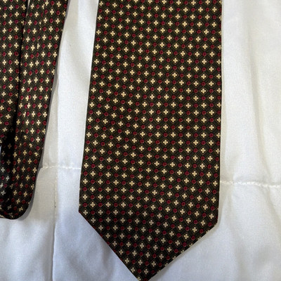 Hugo Boss Men's Woven Silk Geometric Tie Brown Beige Red Logo Classic One Size