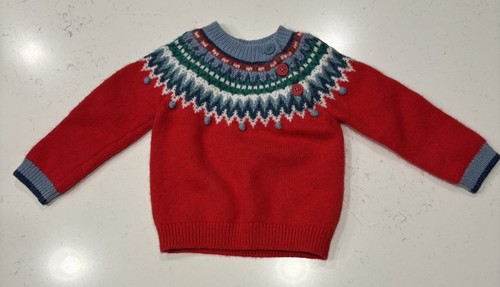 BABY BODEN Fair Isle Wool Blend Sweater 12–18M Red Nordic ButtonNeck Cottagecore