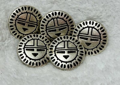 Lot Of 5 Zuni Kachina Doll Head Vintage Buttons Silver Tone With Shank Back 5/8 