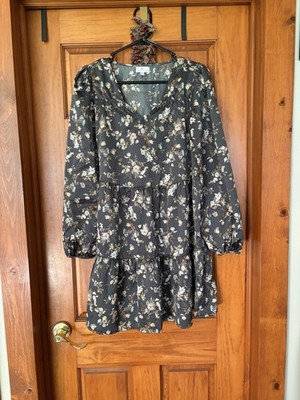 TRUE CRAFT GREY FLORAL RUFFLE LONG SLEEVE DRESS SUMMER DRESS SIZE XS
