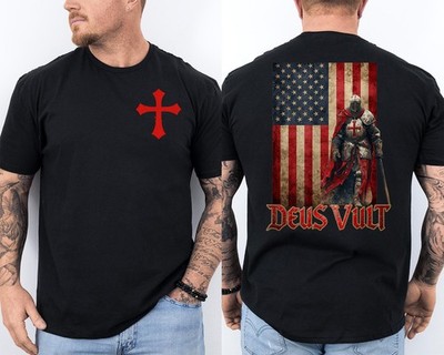 Deus Vult Knight Templar American Flag Crusader 2 Sided T-Shirt