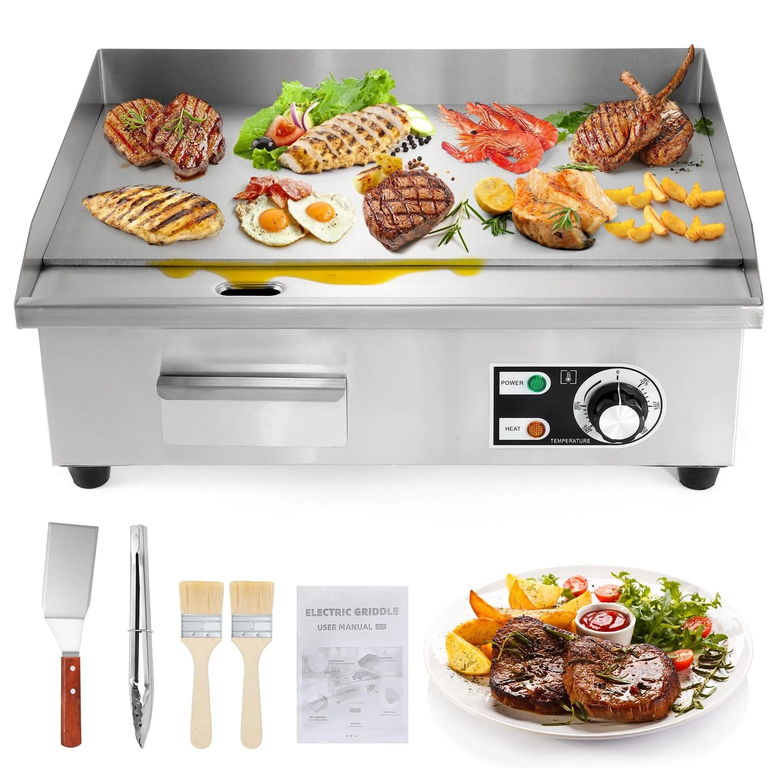Commercial Electric Griddle 22 Flat Top 3000W Stainless Steel 122 F 572