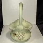 Fenton Art Glass Handpainted Pink Anemone Flower Custard Uranium Ruffled Basket