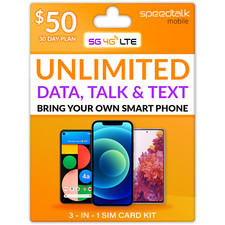 Speedtalk Unlimited Data SIM Card Kit Talk Text 5G 4G LTE Smart Phone Plan 1 mo.