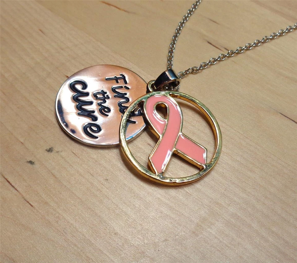 BEACH FASHION SILVER RHODIUM PINK RIBBON FIND THE CURE PENDANT NECKLACE - Image 4 of 4