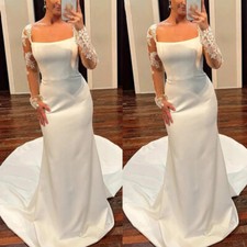 Long Sleeves Wedding Dresses Satin Mermaid Lace With Train White Bridal Gowns