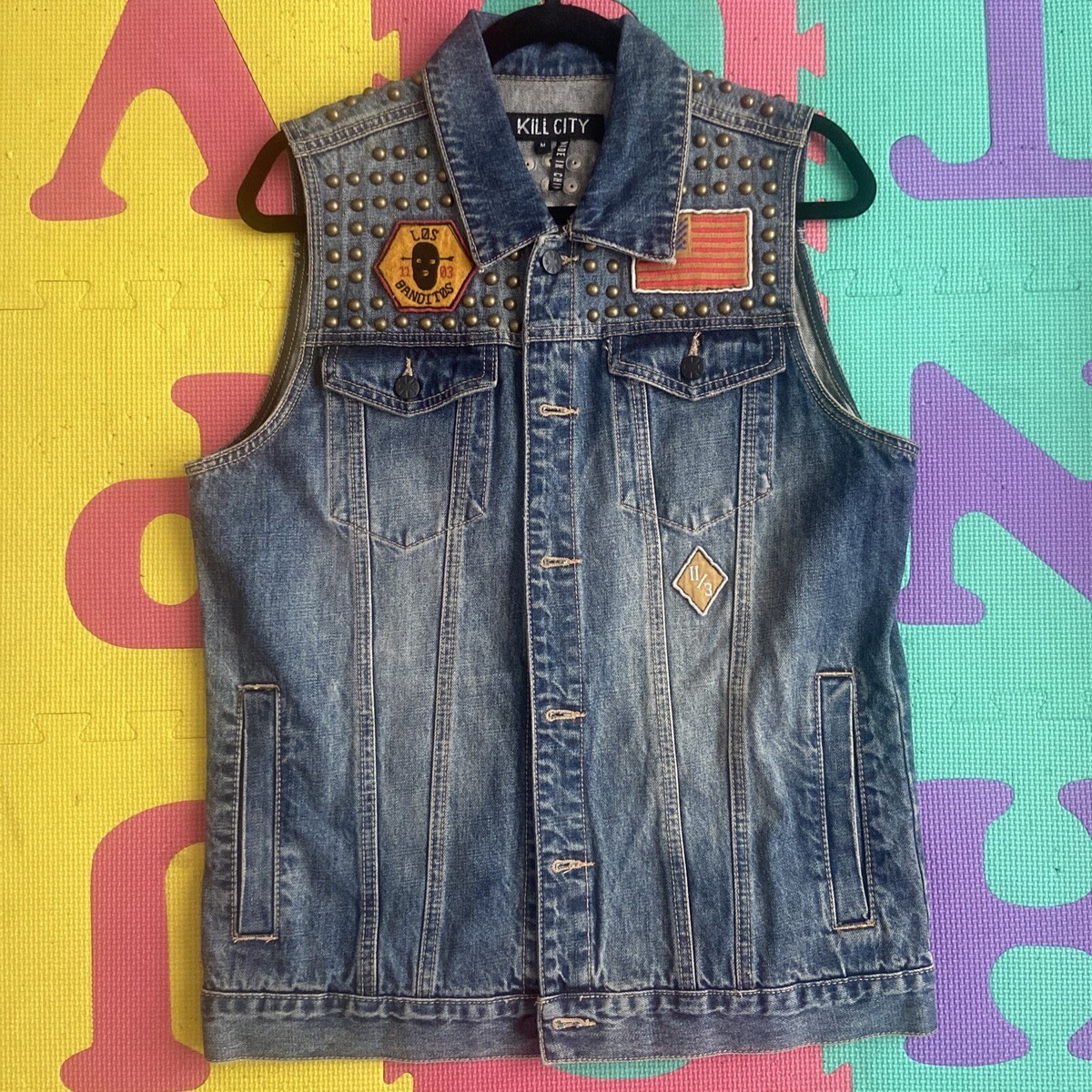 Kill City Denim Vest Men Med Sleeveless Jacket Jean Studded Kill City Denim Vest Men Med Sleeveless Jacket Jean Studded
