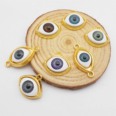 Lot of 7 Gold Evil Eye Charm Round Pupil Acrylic Pendant Jewelry Making Crafts