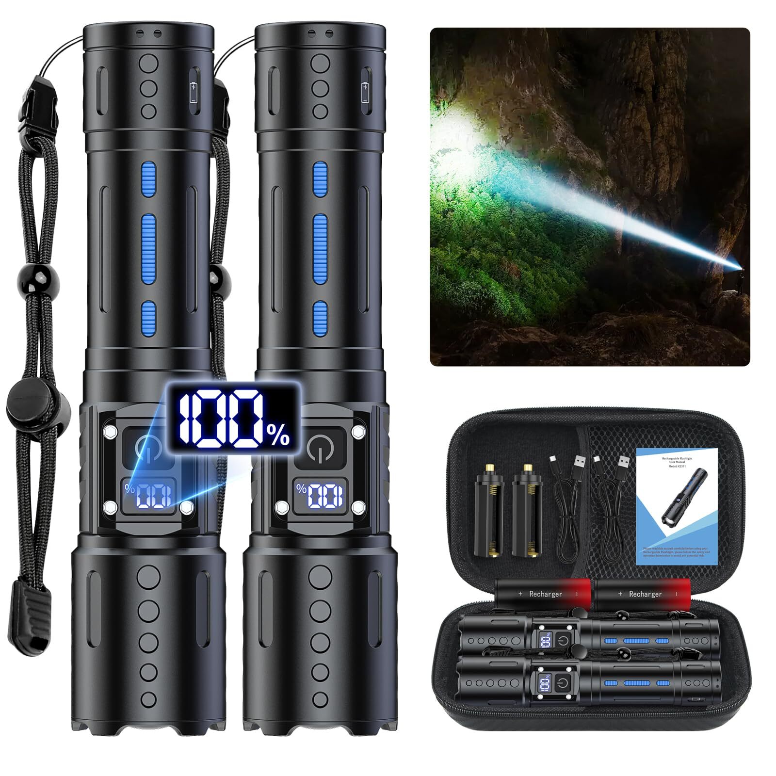 Flashlights High Lumens Rechargeable - 20,000 Lumens Super Bright Tactical LE...