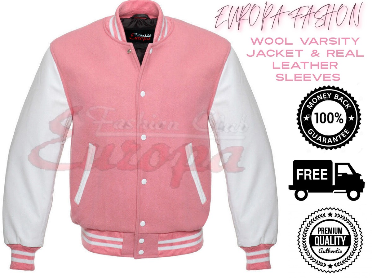 Varsity letterman Bomber Jacket pink wool with white lether sleeves size  XS-4XL