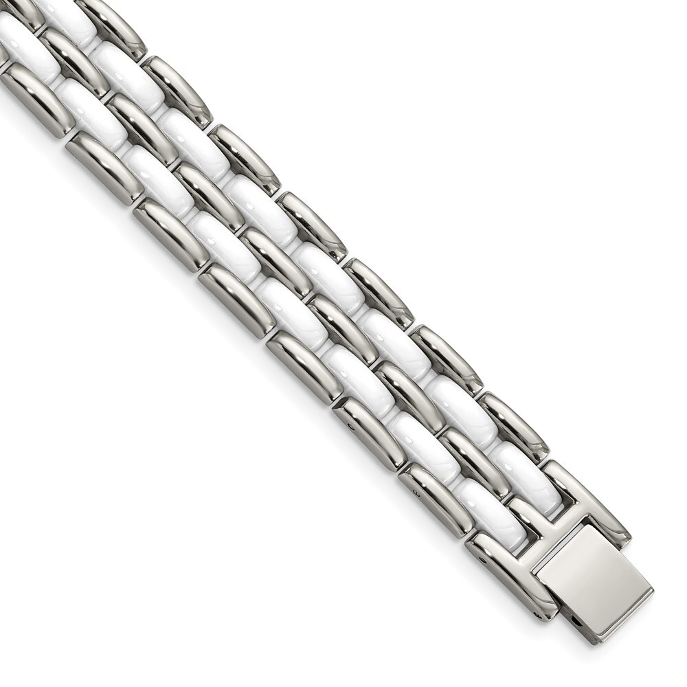 Stainless Steel Polished with Double Row White Ceramic Link Bracelet 8.25