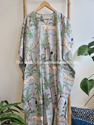 Animal Print Cotton Caftan Indian Handmade Hippie Kaftan Beach Night Maxi Dress