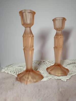 Deux bougeoirs Verree Dépoli Rose Style Art Deco /Satin Glass Candle Stick - Photo 1/3