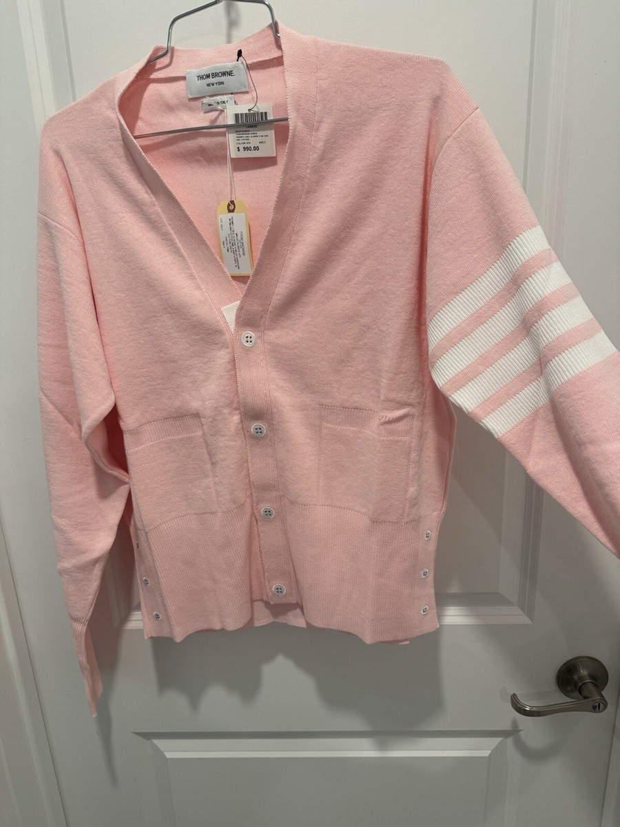 THOM BROWNE TROMPE L'OEIL ARM STRIPE CARDIGAN SIZE 3 PASTEL PINK