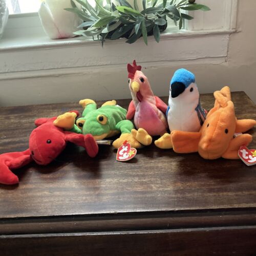ty beanie babies Tagged Gold Fish Rare Lobster Rooster Frog Blue Jay Beautiful - Picture 1 of 15