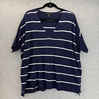 Eileen Fisher Womens Large Navy White Striped V-Neck Organic Linen Cotton Blouse
