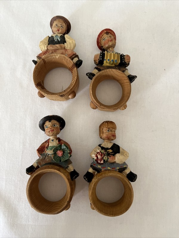 Vintage Napkin Rings Hand Carved Painted Wood Nodder Bobble Switzerland Set of 4