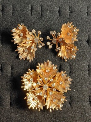 EMJ EMMONS Rhinestone Vintage Gold-Tone Starburst Spray Clip On EARRINGS Brooch 