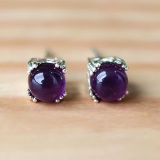 Amethyst Stud Earring, 925 Silver Earring, Purple Stone Earring, Cabochon Ear