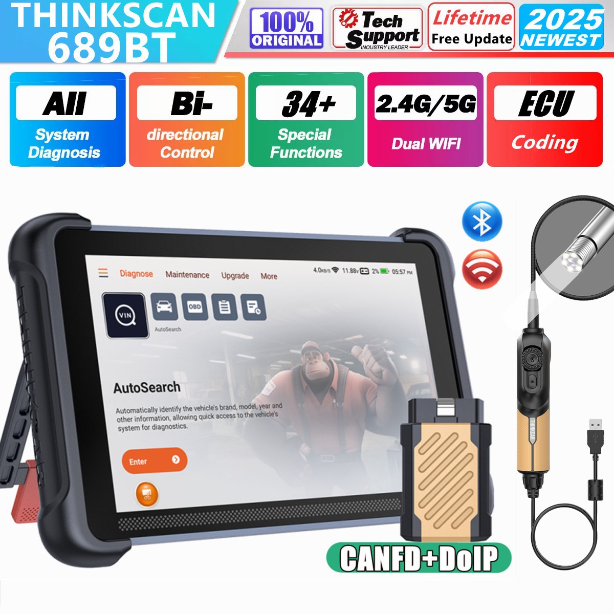 ThinkScan 689BT Diagnostic Tool Bidirectional OBD2 Scanner+ 6LED USB Endoscope