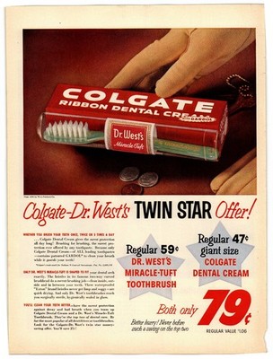 Colgate Dr. West's 1958 Vintage Magazine Ad Twin Star Offer Toothbrush AD057