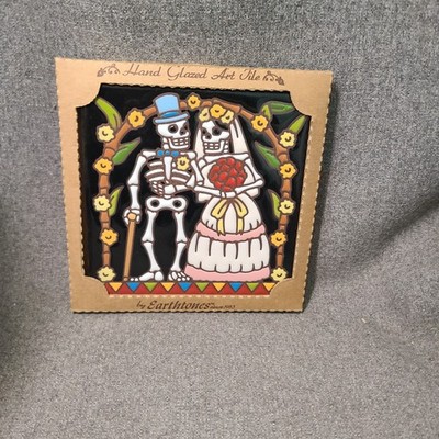 2012 Earthtones Handglazed Art Tile Day of the Dead Skeleton Bride Groom 6''