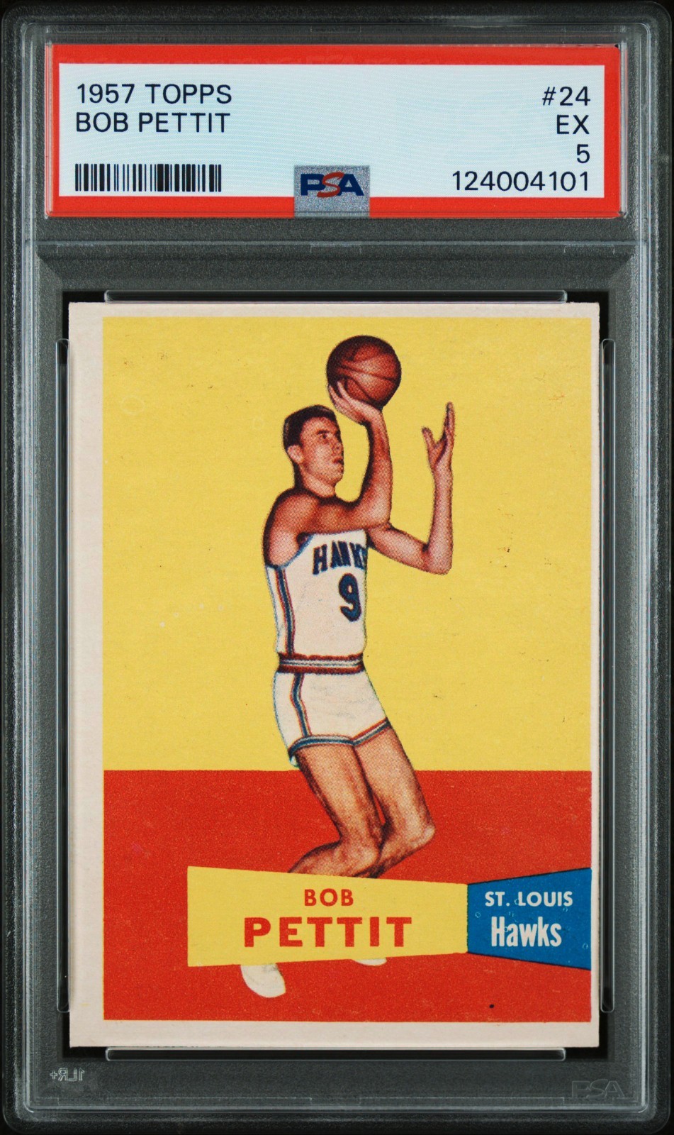 1957 Topps #24 Bob Pettit HOF RC PSA 5 EX Basketball 124004101 New Slab!