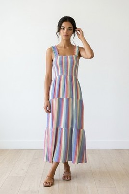 Berkeley Jensen Women Sz L Smocked Tiered Maxi Dress in Pastel Rainbow  Dress | eBay