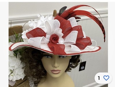 Red Tilt Hat cream Brim Cocktail Church Derby Small 21in M22019F ( Red Hat ) Kentucky Derby Hat Church Hat Wedding  main image 2