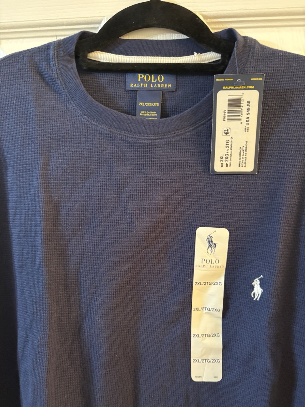 Polo Ralph Lauren blu navy manica lunga camicia termica bianca polo pony nuova 2XL