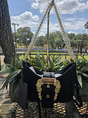 Versace Jeans Couture Black Pebbled Small Crescent Shoulder Bag Gold Chain