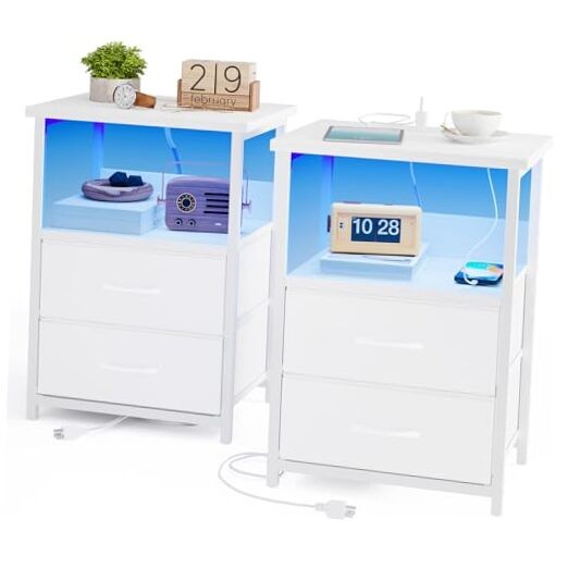 White LED Nightstand Set with Charging Station - 2 Modern Bedside Tables-image